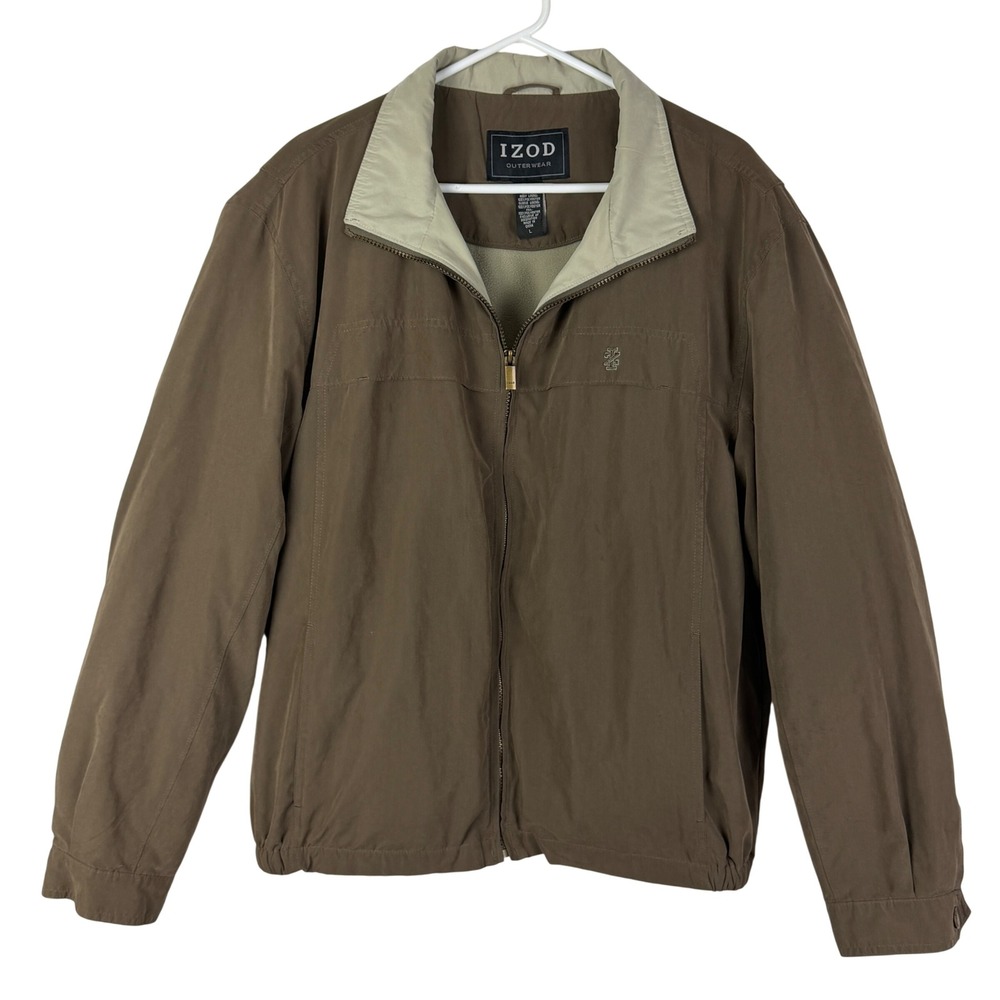 IZOD Outerwear Brown Fleece Lined Full Zip Jacket Men's Large‎ Mock Neck Bomber